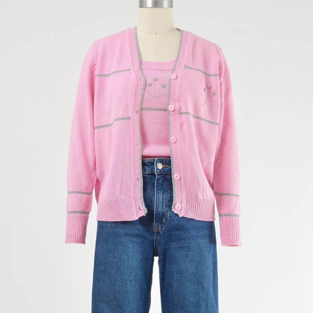 Vintage 60s Pink Two Piece Sweater Set Floral Vest Button Down Cardigan XS S